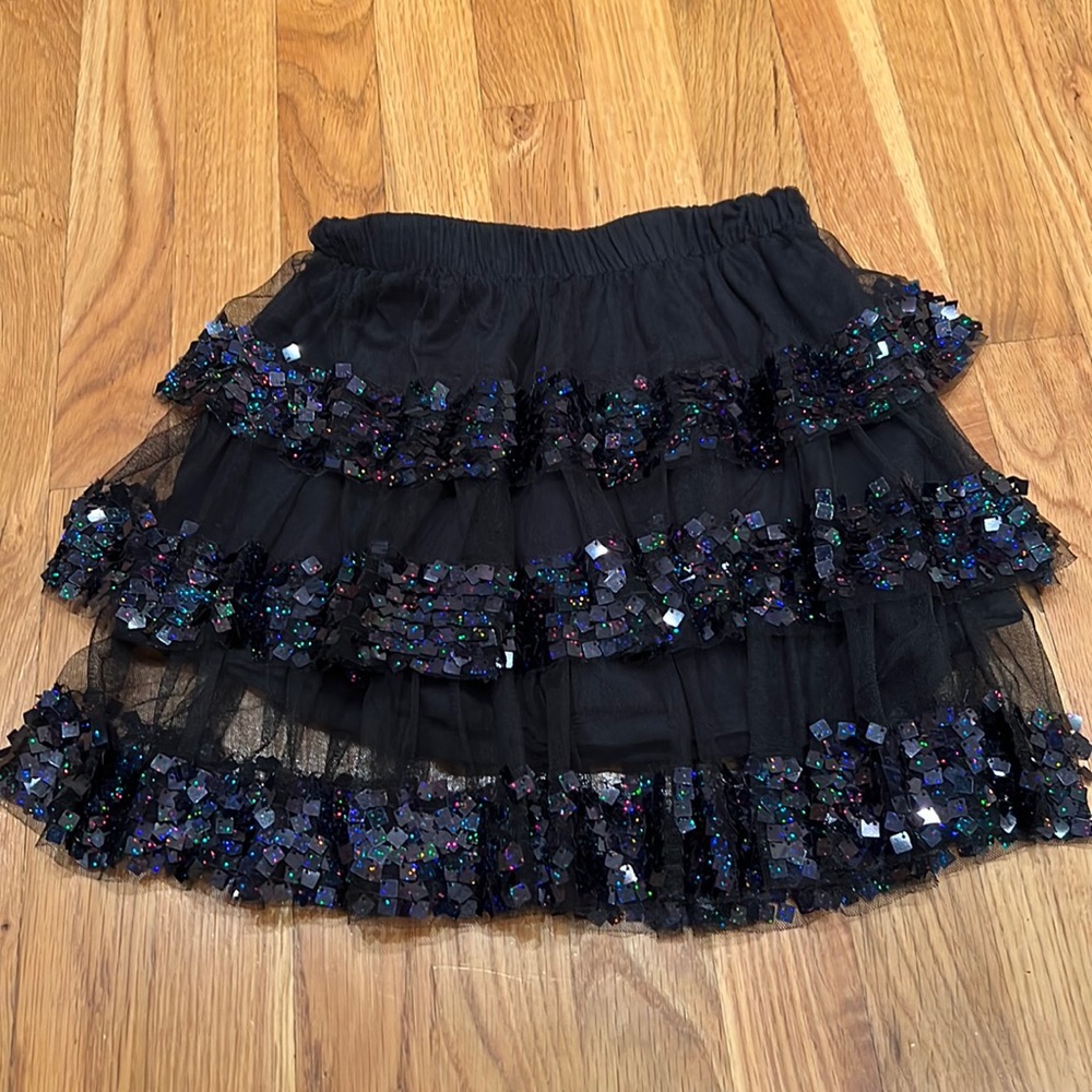 Girls black ruffle layer sequin skirt